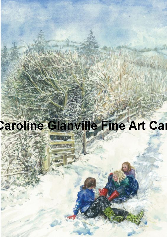Children sledging snow scene, painting by Caroline Glanville
