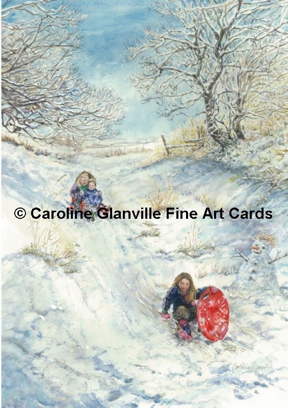 Children sledging, painting by Caroline Glanville 